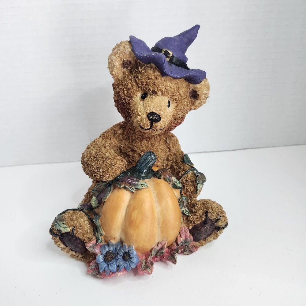 Halloween Small Bear Figurine Holding Pumpkin w/ Purple Witch Hat Brown